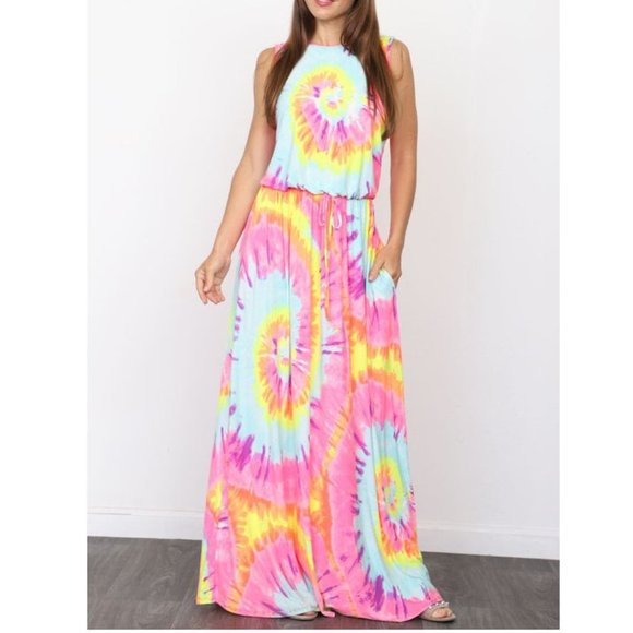 Plus Size Neon Pink Tie Dye Maxi Dress - Picture 2 of 6